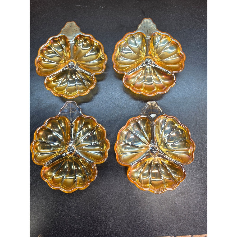 Vintage Marigold Carnival Glass Pansy Flower Bowls Set of 4 Iridescent Amber